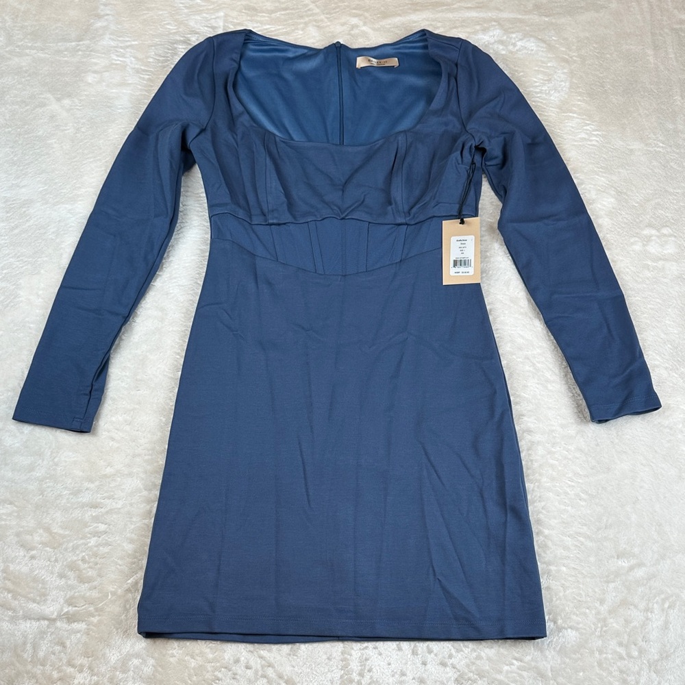 NWT Bailey 44 Gizella Dress Large Blue Long Sleeve Bodycon Corset Midi MSRP $218